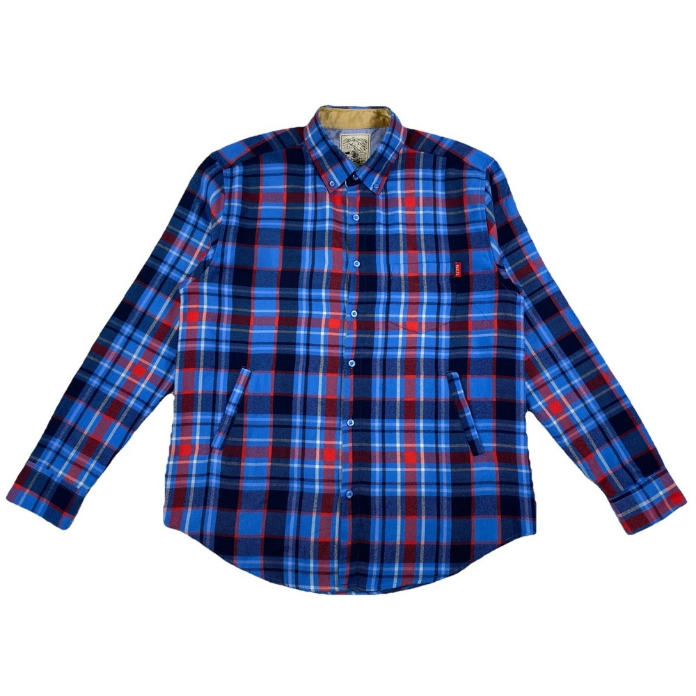 RSVLTS Flannel Shacket Men's Large Blue Plaid Shirt Jacket Outdoors Camping